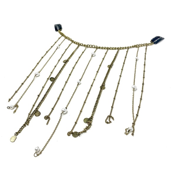 New Free People Rosario Chain Hair Piece Barrette Gold Pearls - Picture 4 of 8